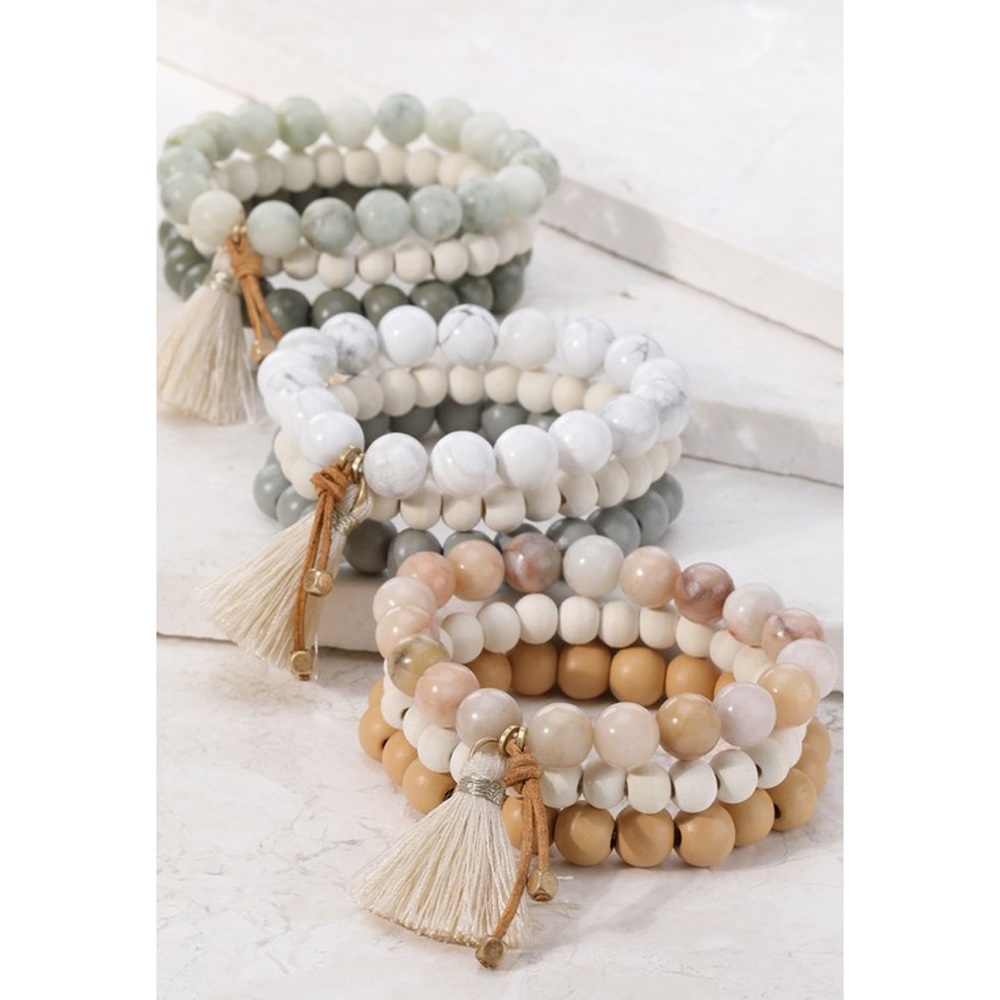 LAST ONE! Wood w/ Natural Stone Bead Bracelet Mint - Picture 4 of 6